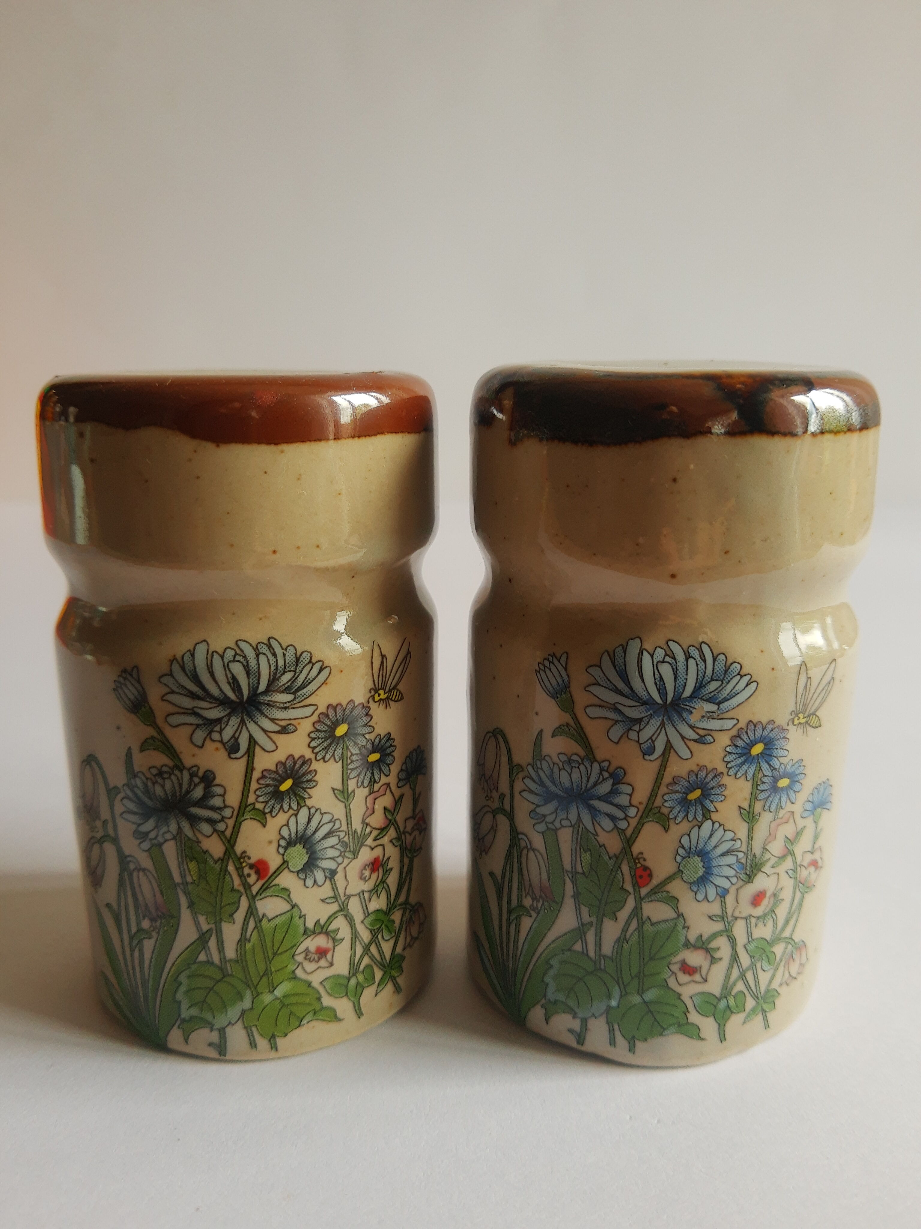 Set salière et poivrier en grès décor floral vintage