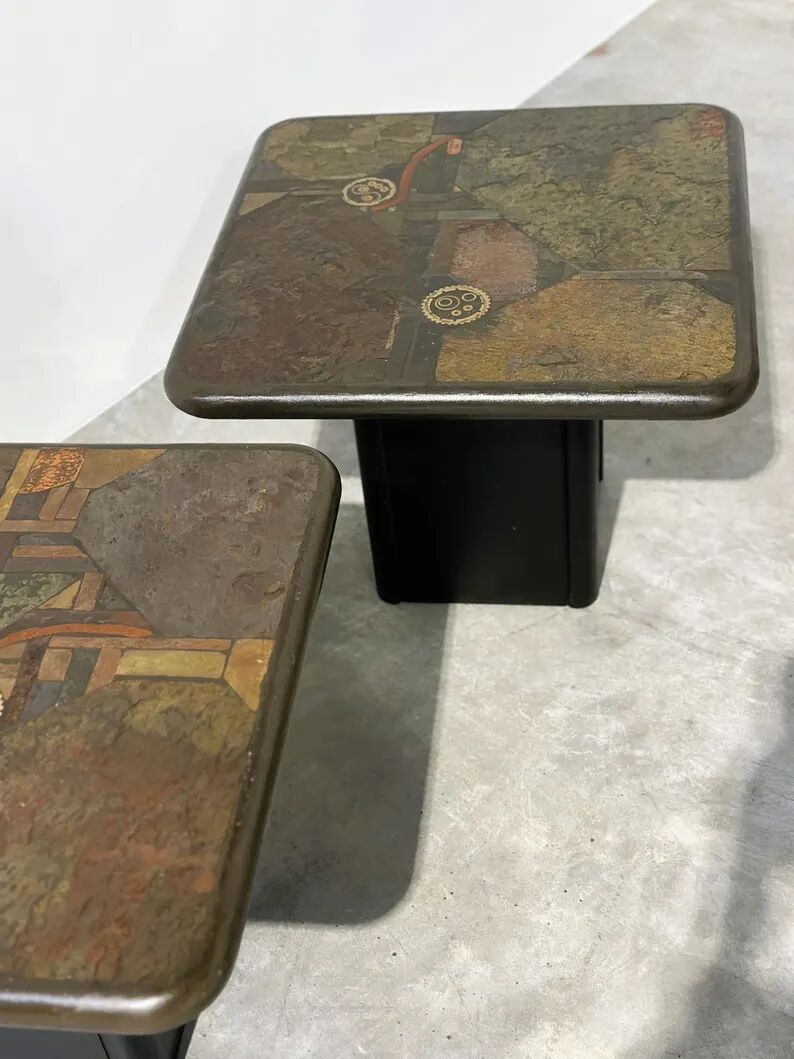 Pair of vintage Kneipp side tables with sculptural tops in mixed materials, 1970s