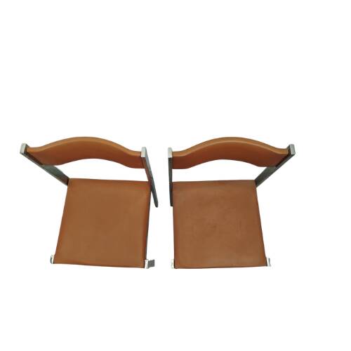 Pair of vintage chrome metal & brown imitation leather chairs (70s)