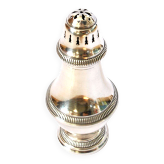 Vintage silver-plated sugar shaker with perforated design.