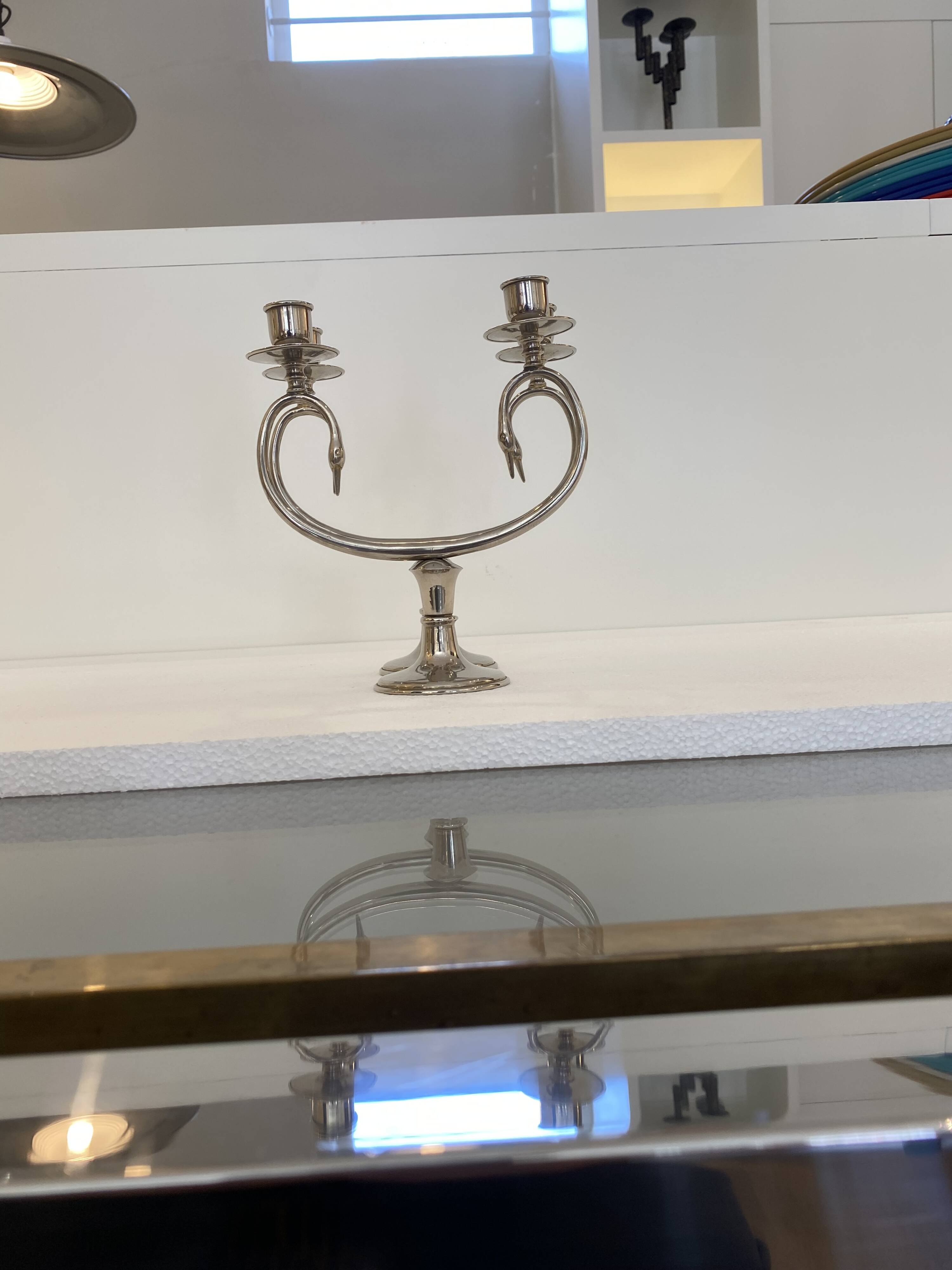 Silver Plated Pair Double Swan Candelabra Candleholders Sculptural 1970s