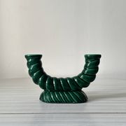 Twisted candle holder with 2 lights from the 40s, in green ceramic