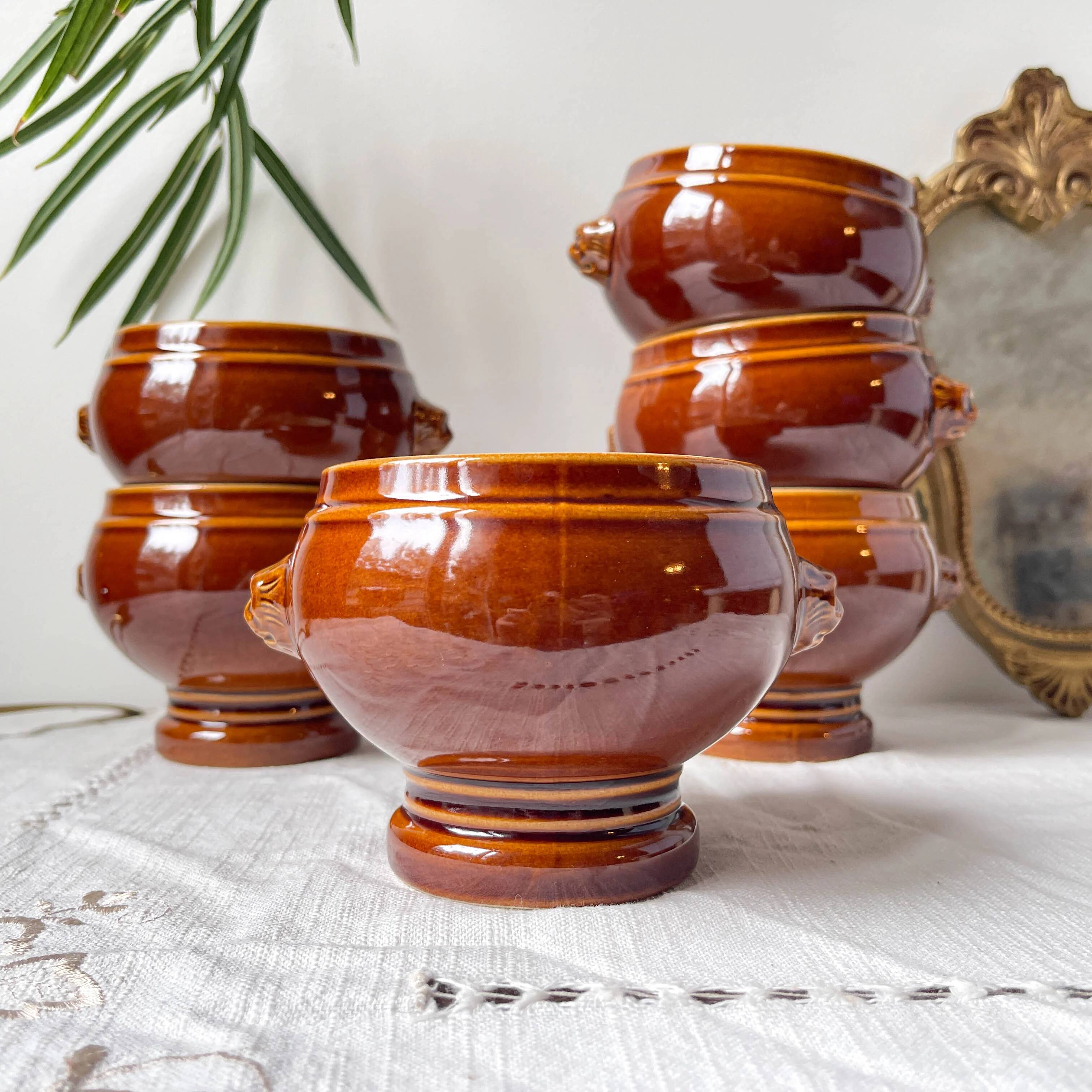 6 lion head bowls in ceramic, vintage brown style Emile Henry, made in France.