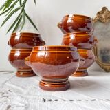 6 lion head bowls in ceramic, vintage brown style Emile Henry, made in France.
