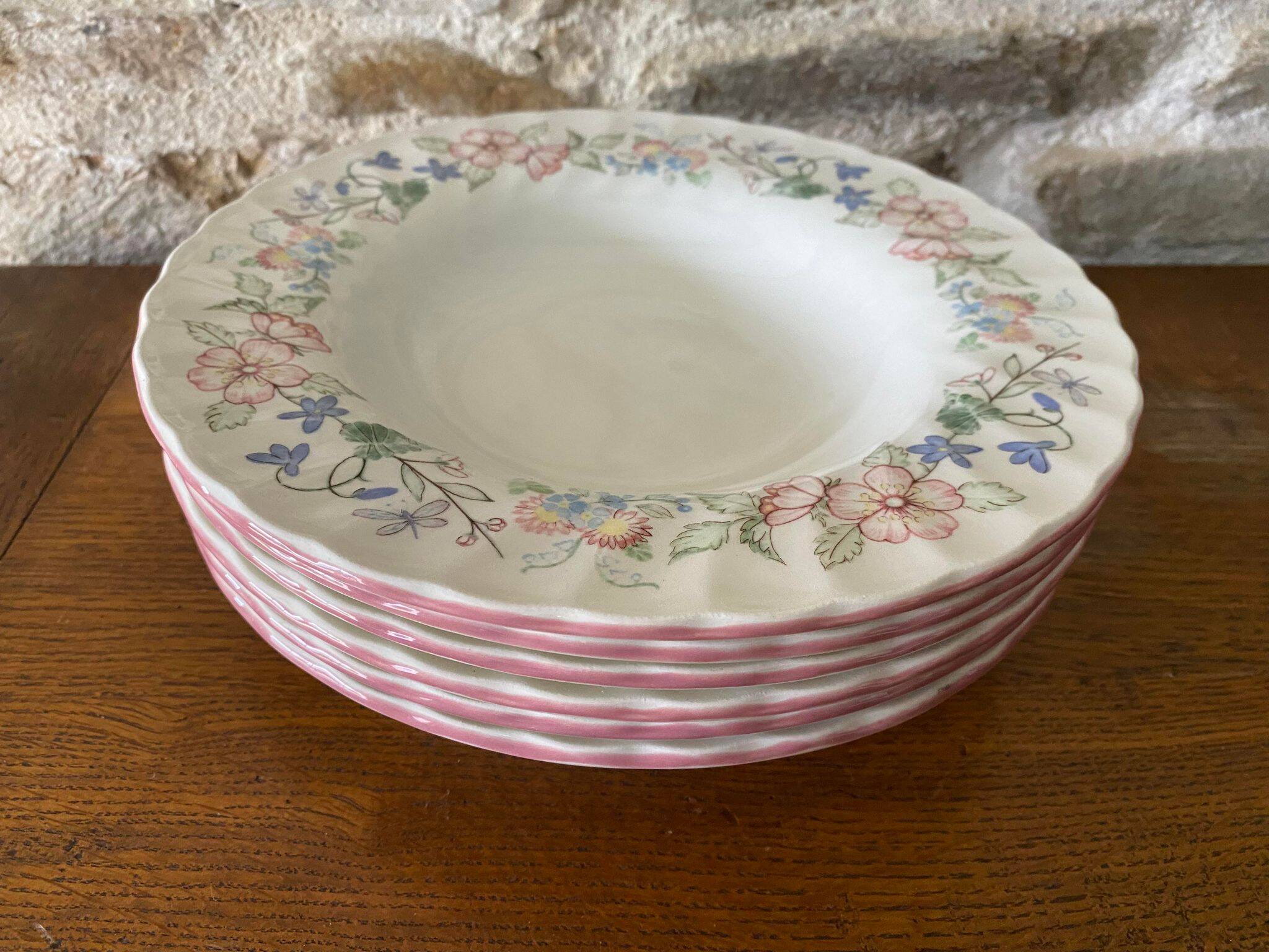 6 Myott Meaking English earthenware soup plates, Spring Fields decor