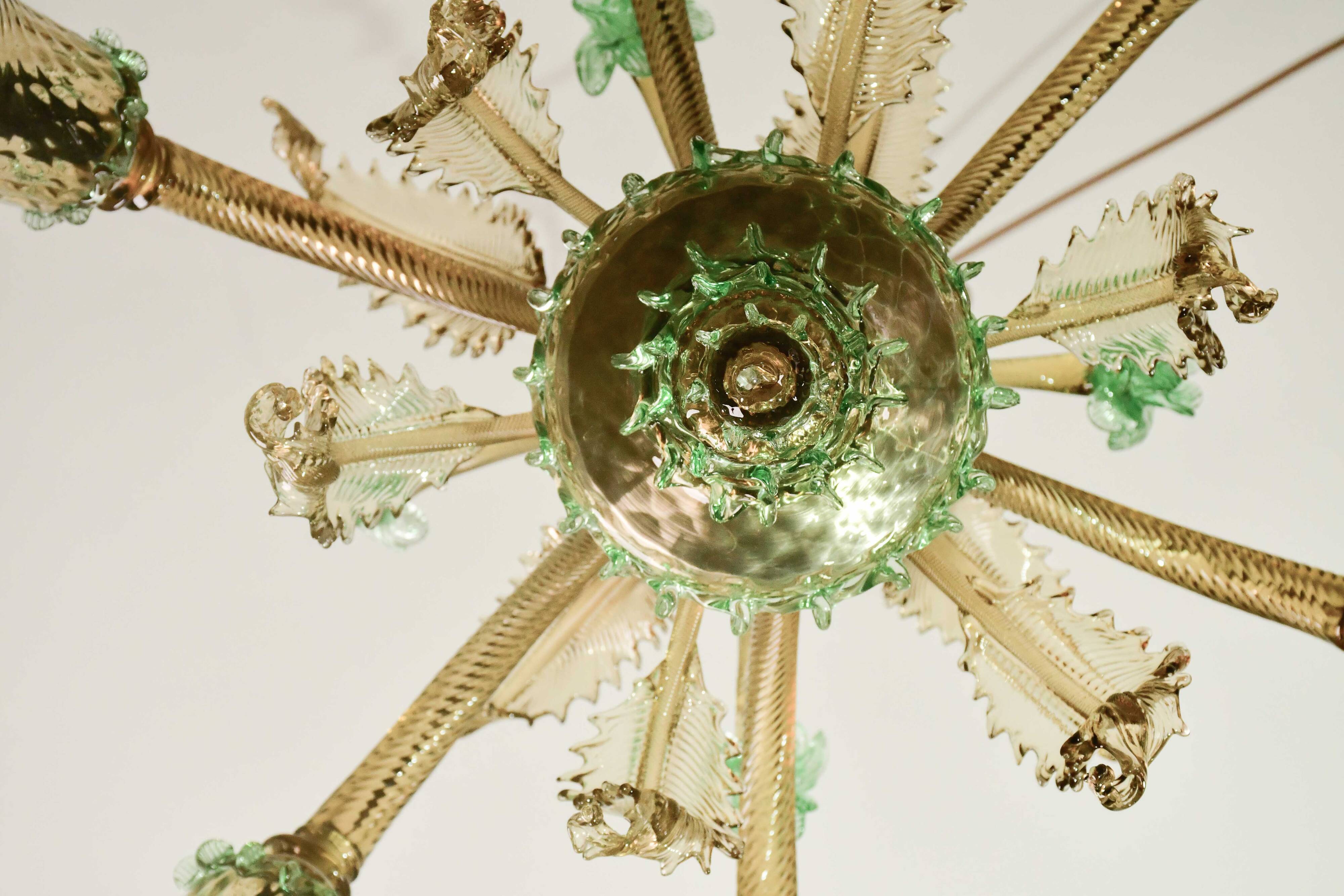 6 arms vintage Venetian chandelier, green Murano glass, 1950s