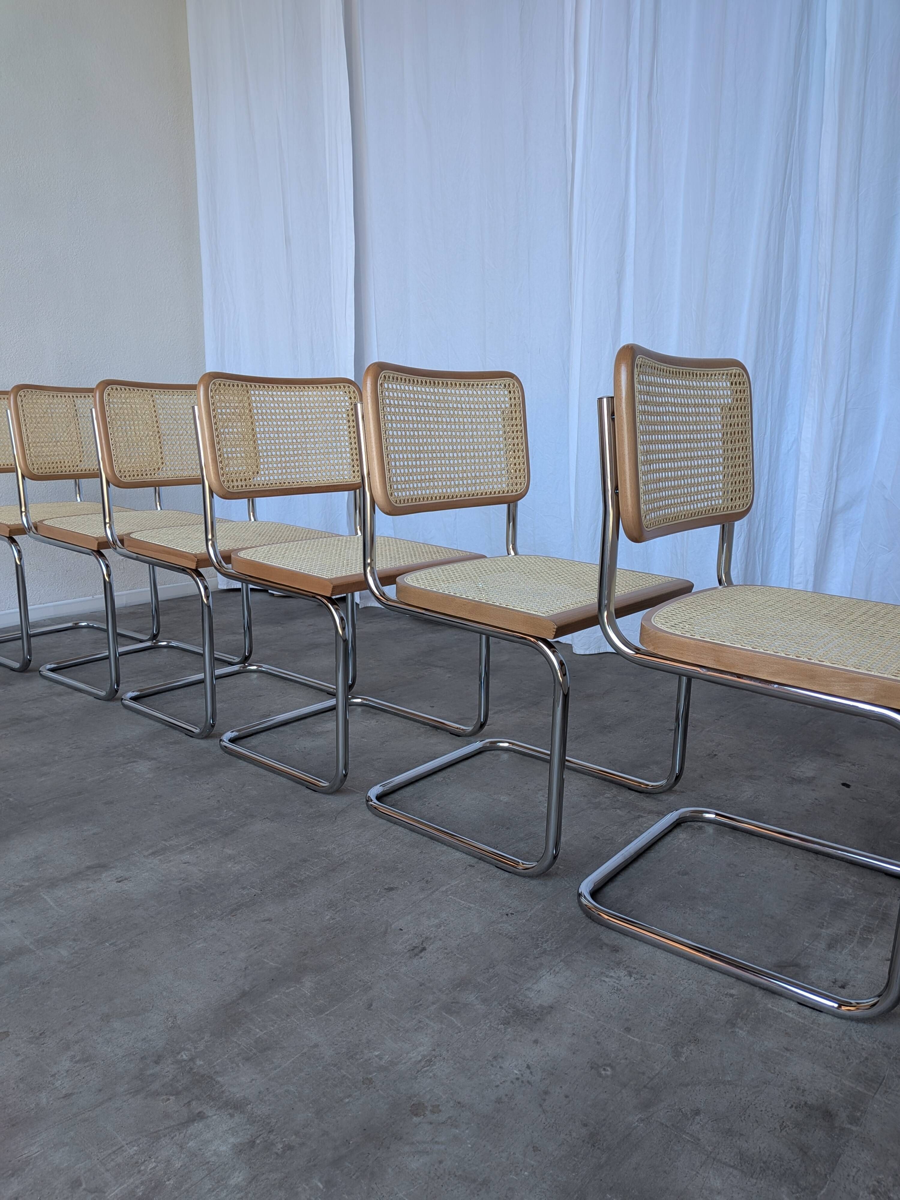 Ensemble de 6 chaises Cesca Design Marcel Breuer / Noyer clair, cannage, chrome, salle à manger