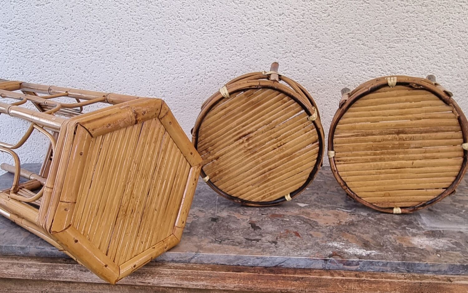 Set of bamboo and rattan pedestal tables