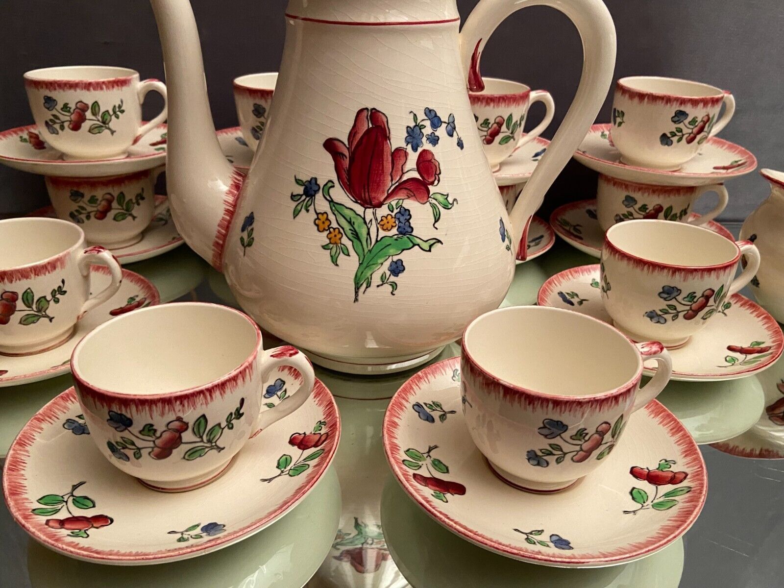 Gien tiled coffee set décor Lorraine Coffee maker cups milk jug