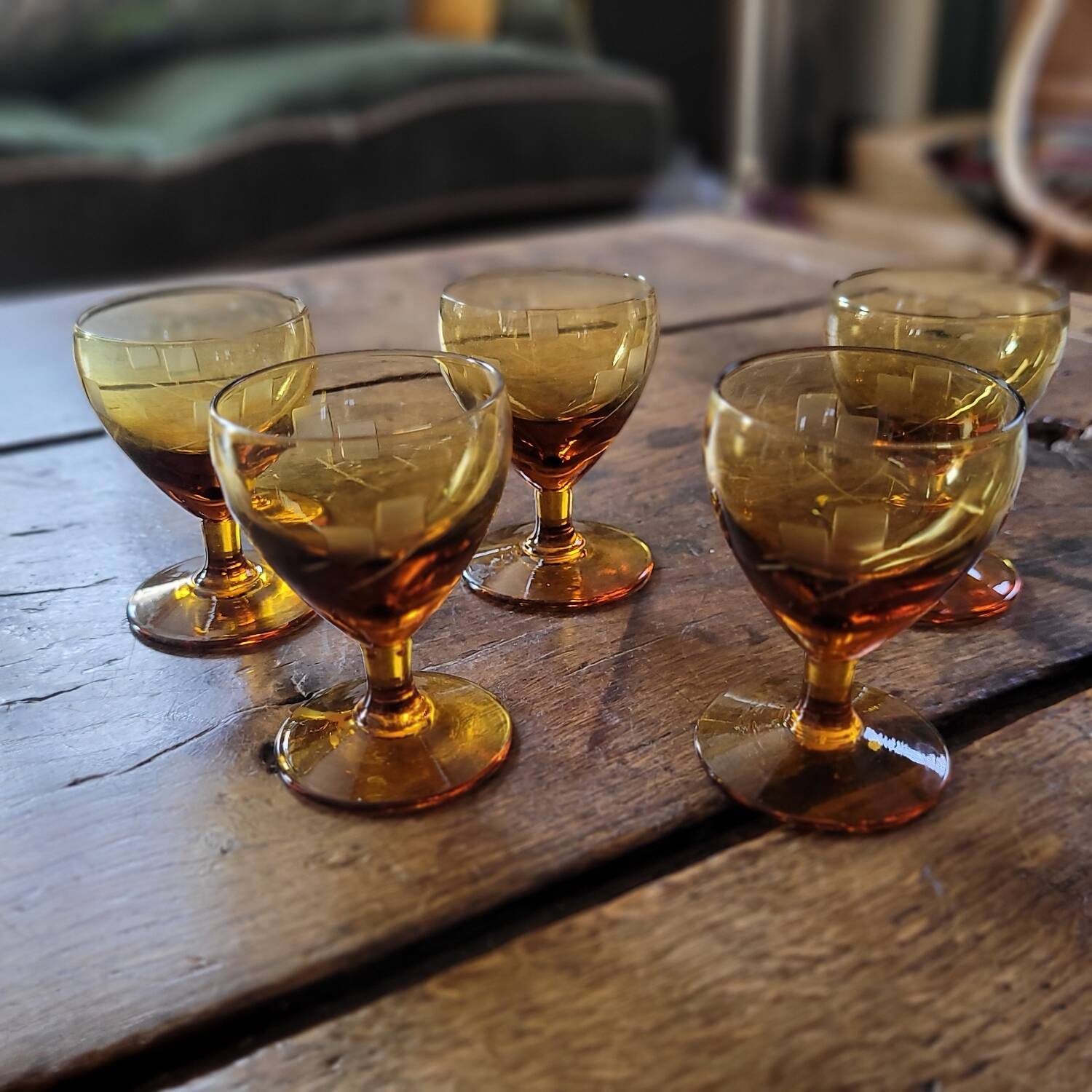 5 amber stemmed glasses – 1960s