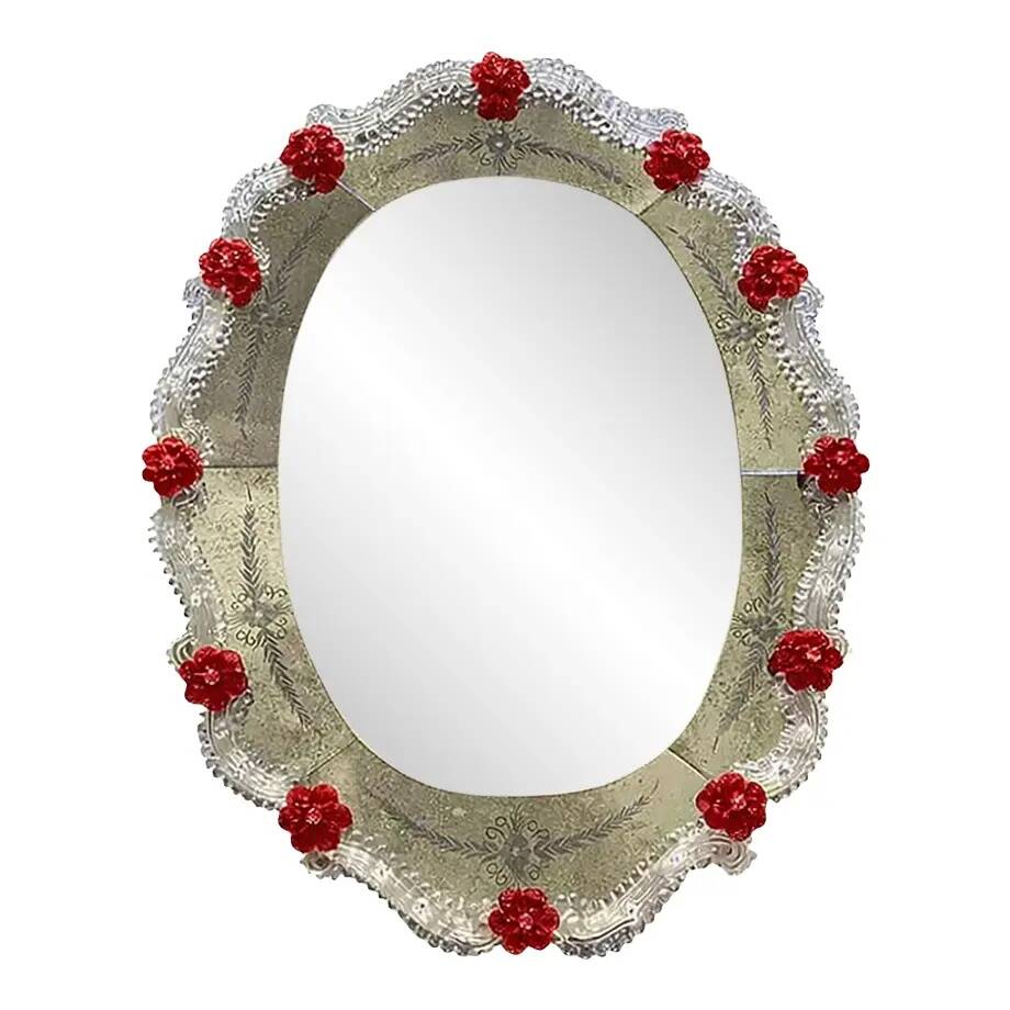 Venetian Murano Glass Oval Red Floral Wall Mirror – Hand-Carved Italian Art