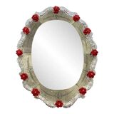 Venetian Murano Glass Oval Red Floral Wall Mirror – Hand-Carved Italian Art