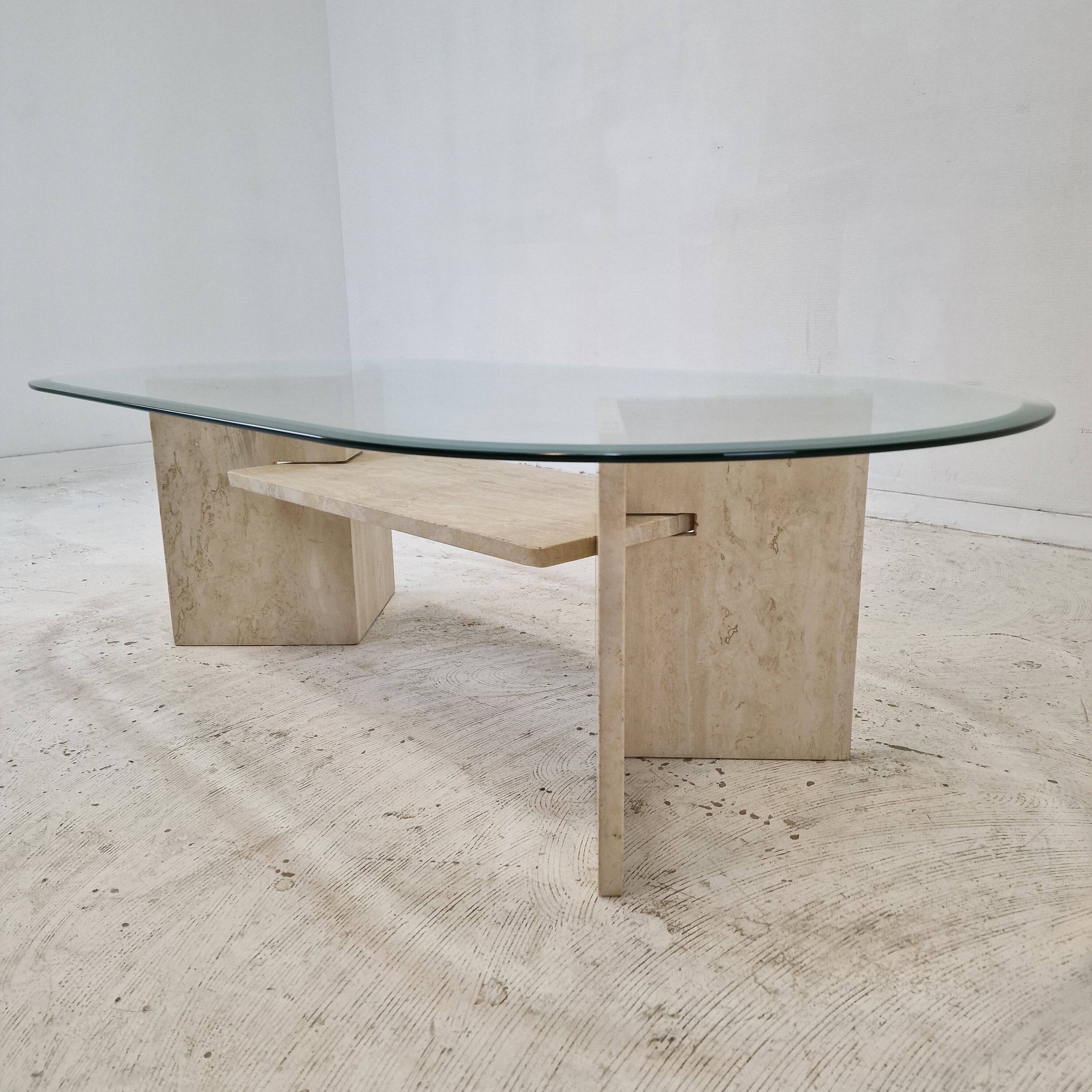 Italian Coffee Table in Travertine and Facet Cut Glass, 1980s