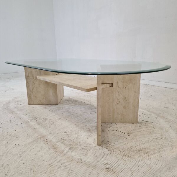 Italian Coffee Table in Travertine and Facet Cut Glass, 1980s
