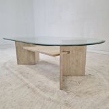 Italian Coffee Table in Travertine and Facet Cut Glass, 1980s