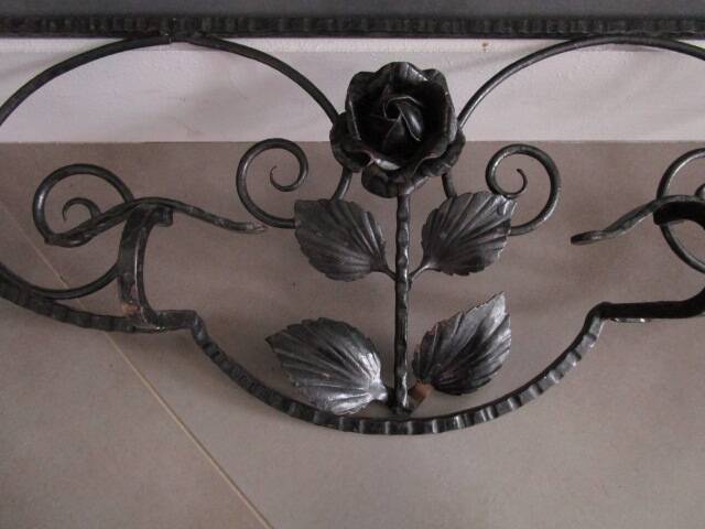 Art Deco wall-mounted coat rack/shelf in wrought iron