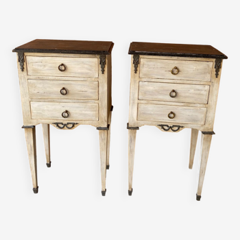 Pair of louis xvi style bedside tables with gray and slate patina 3 drawers