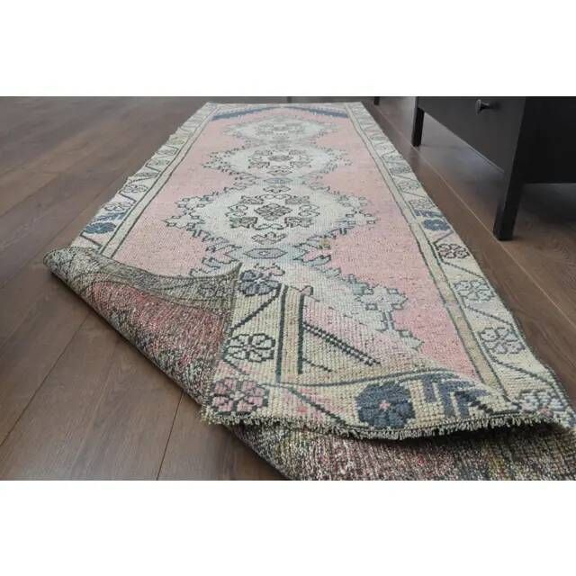 Vintage Turkish Hand-Knotted Wool Cotton Pink Runner Rug 84x281