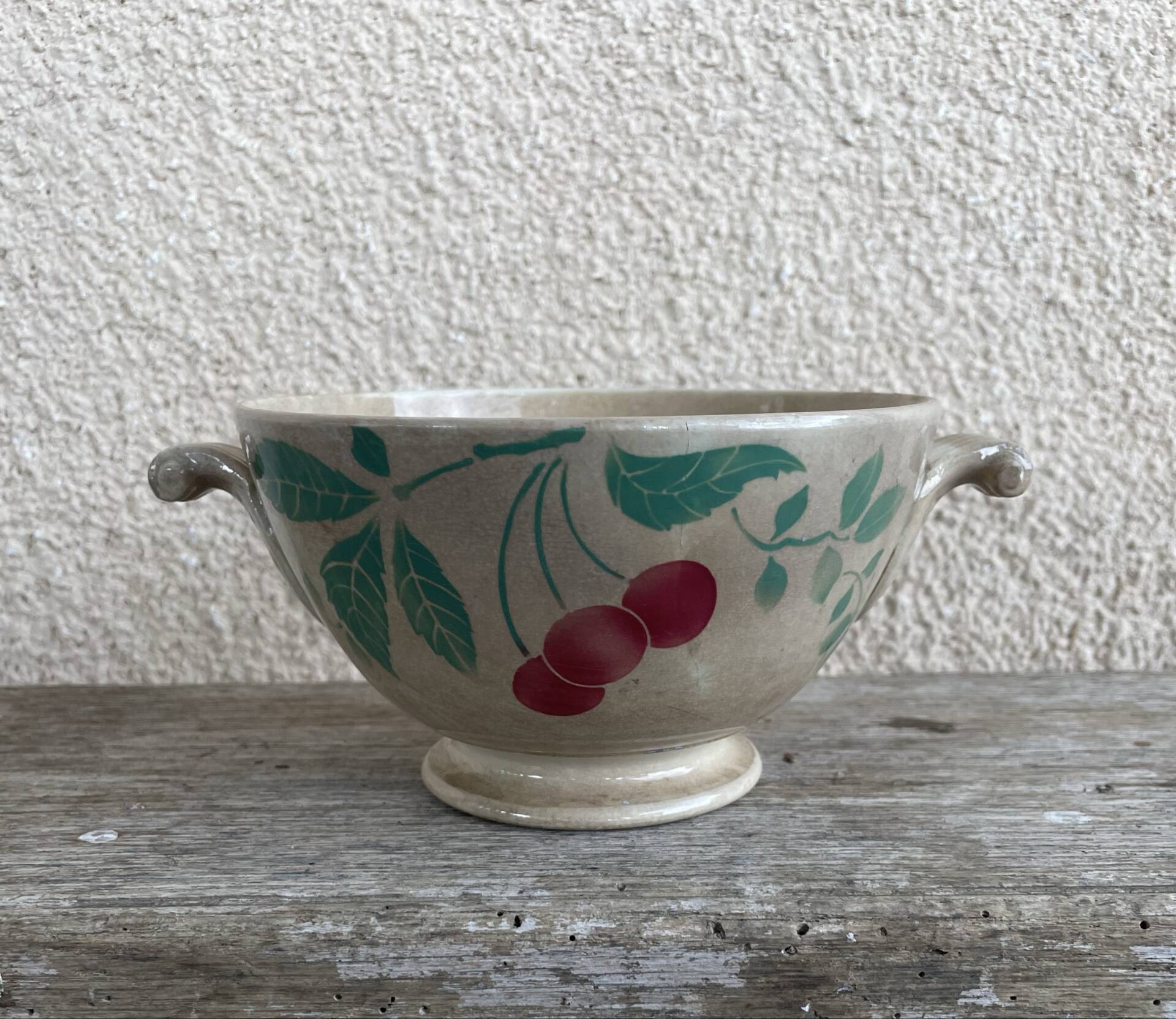 Earthenware bowl, café au lait bowl, antique, France, cherries.