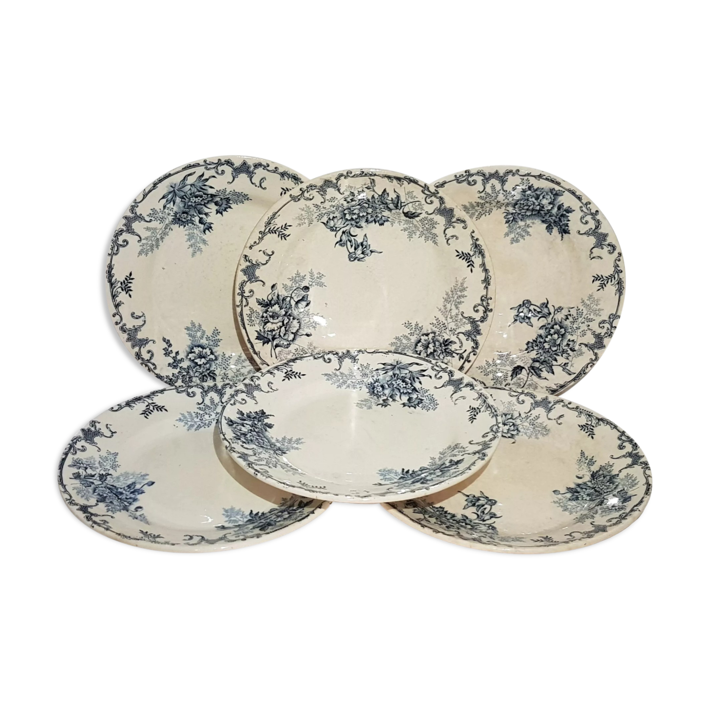 Set of 6 flat earthenware plates from Choisy le Roi model Floreal, iron earth.