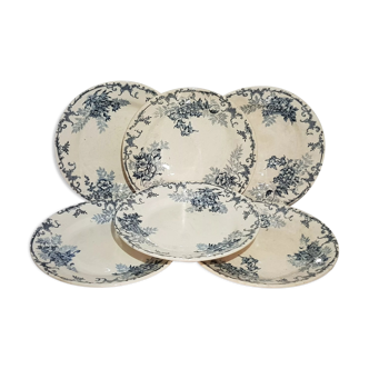 Set of 6 flat earthenware plates from Choisy le Roi model Floreal, iron earth.