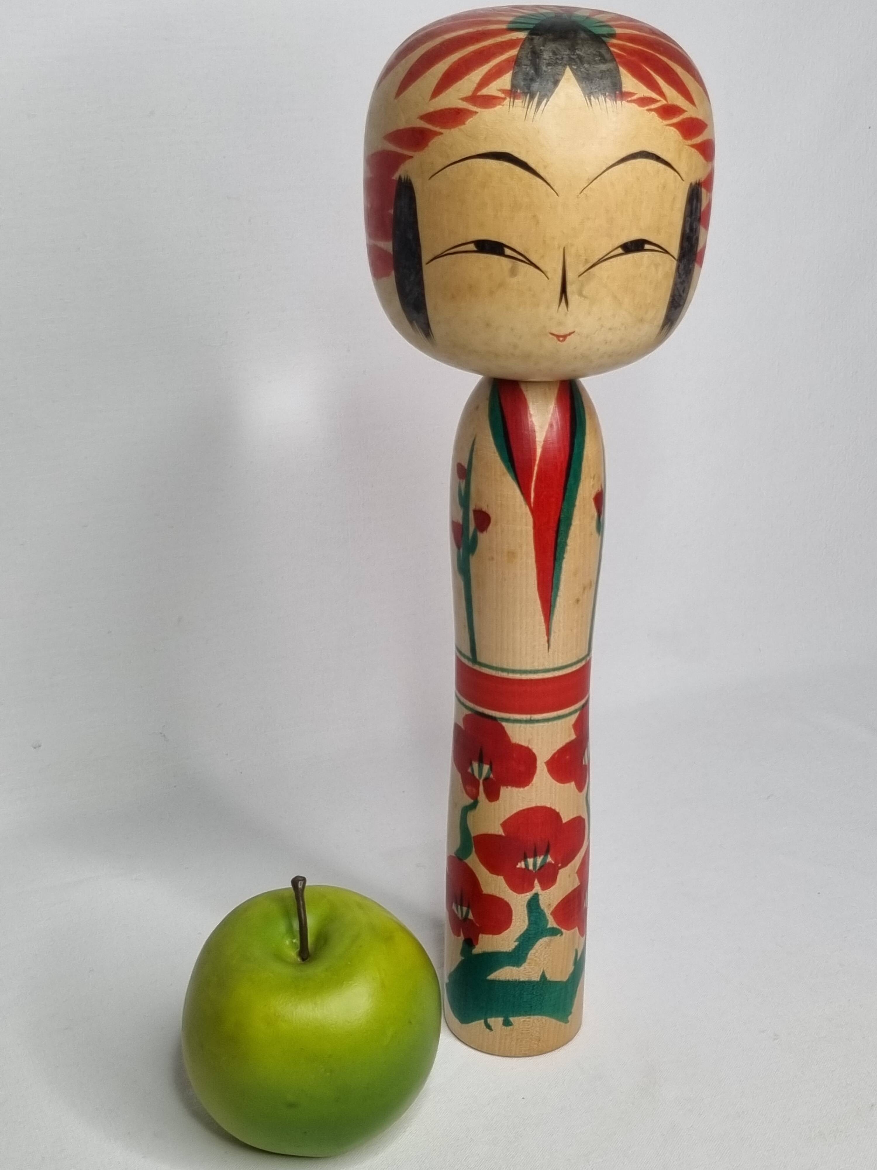 Vintage Japanese Kokeshi doll dated 1987, signed and numbered, floral decoration, 36 cm