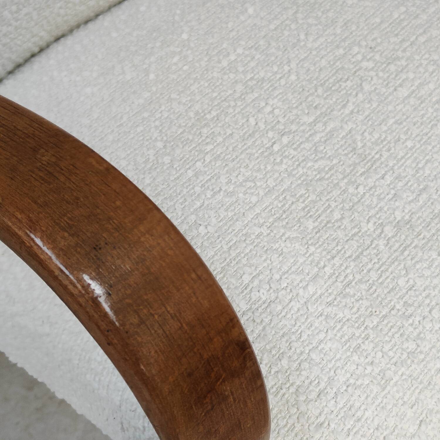 Pair of Jaroslav Smidek armchairs for Ton Bystrice, restored with white boucle, 1960.