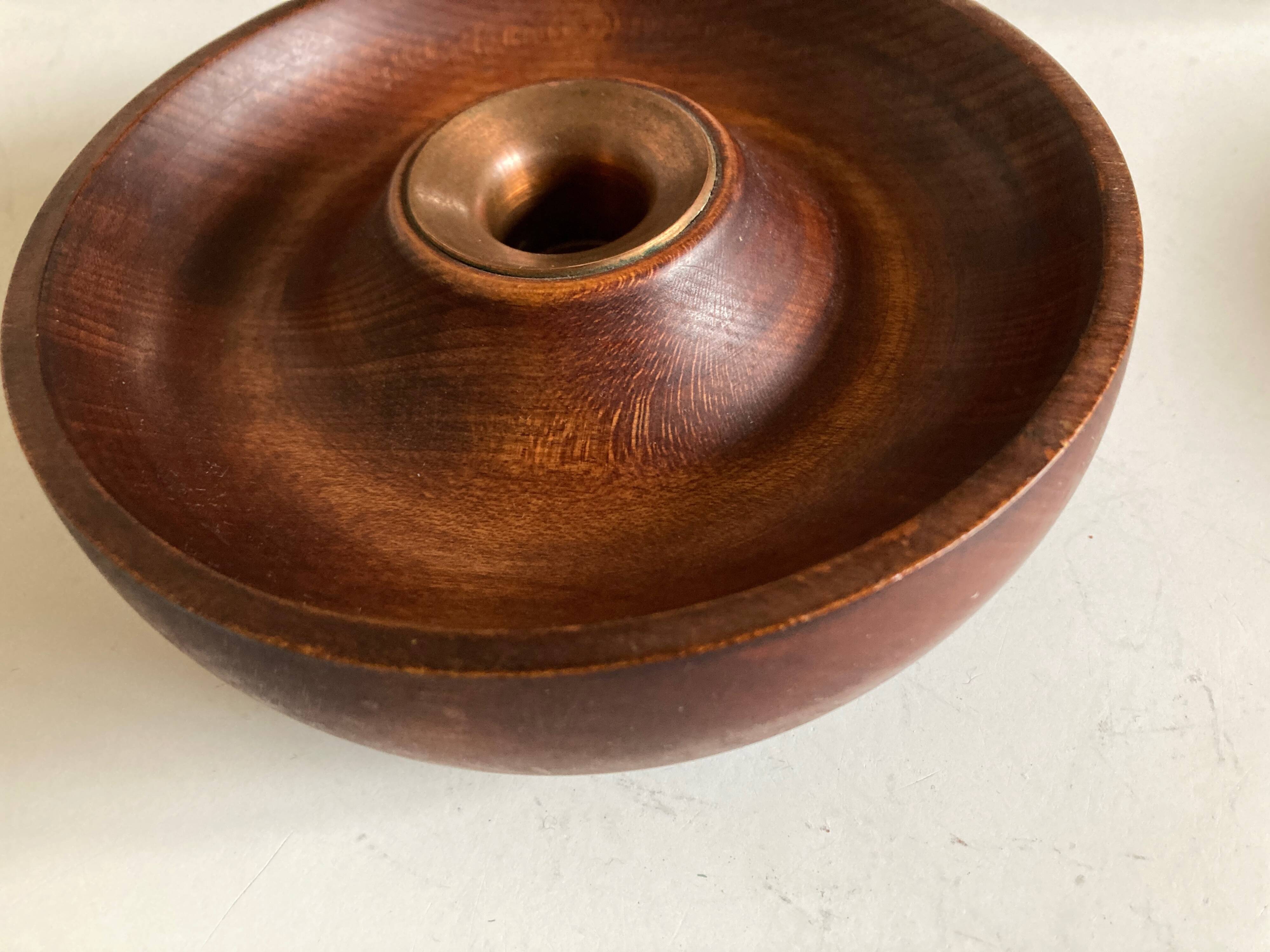 Candle holder in teak and coppery brass Scandinavian mid century modern