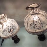 Pair of turned wooden bedside lamps and lace/vintage lampshade 60s-70s