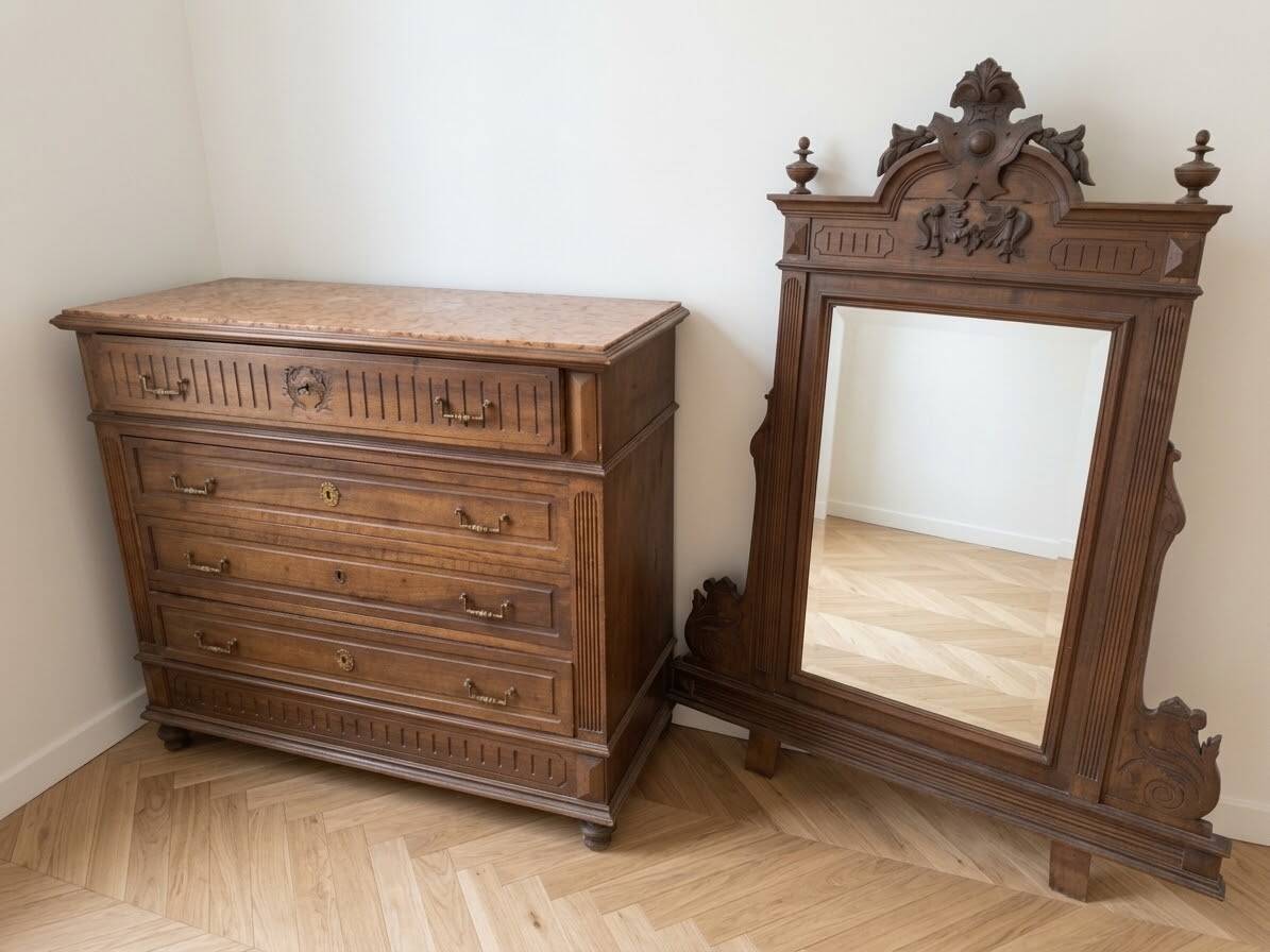 Antique wooden commode with marble top and mirror.