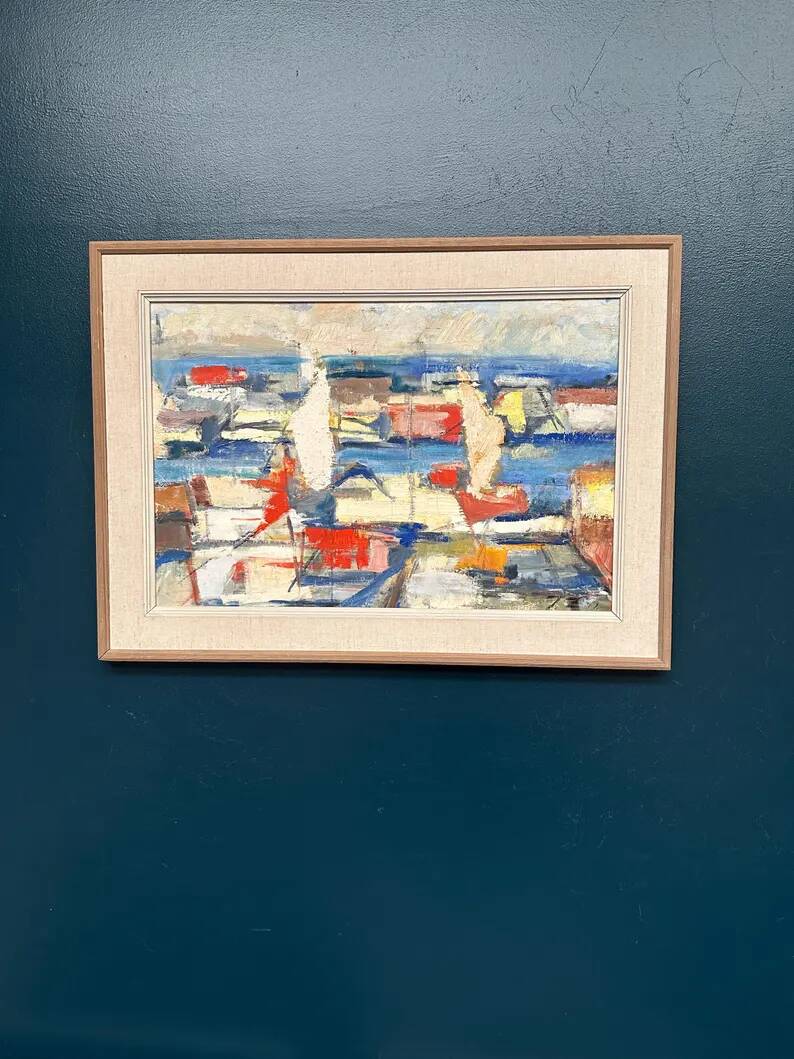 Original Swedish Oil on Canvas - "Abstract Harbour Motif" vintage