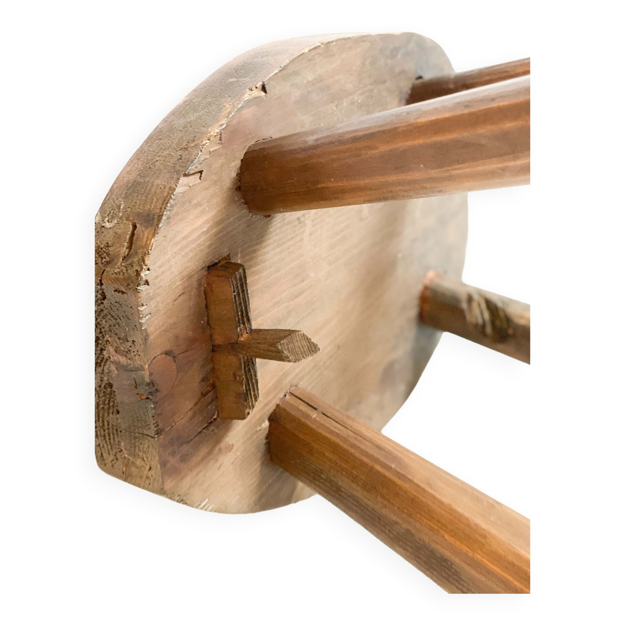 Brutalist pine side stool, mid-century, french