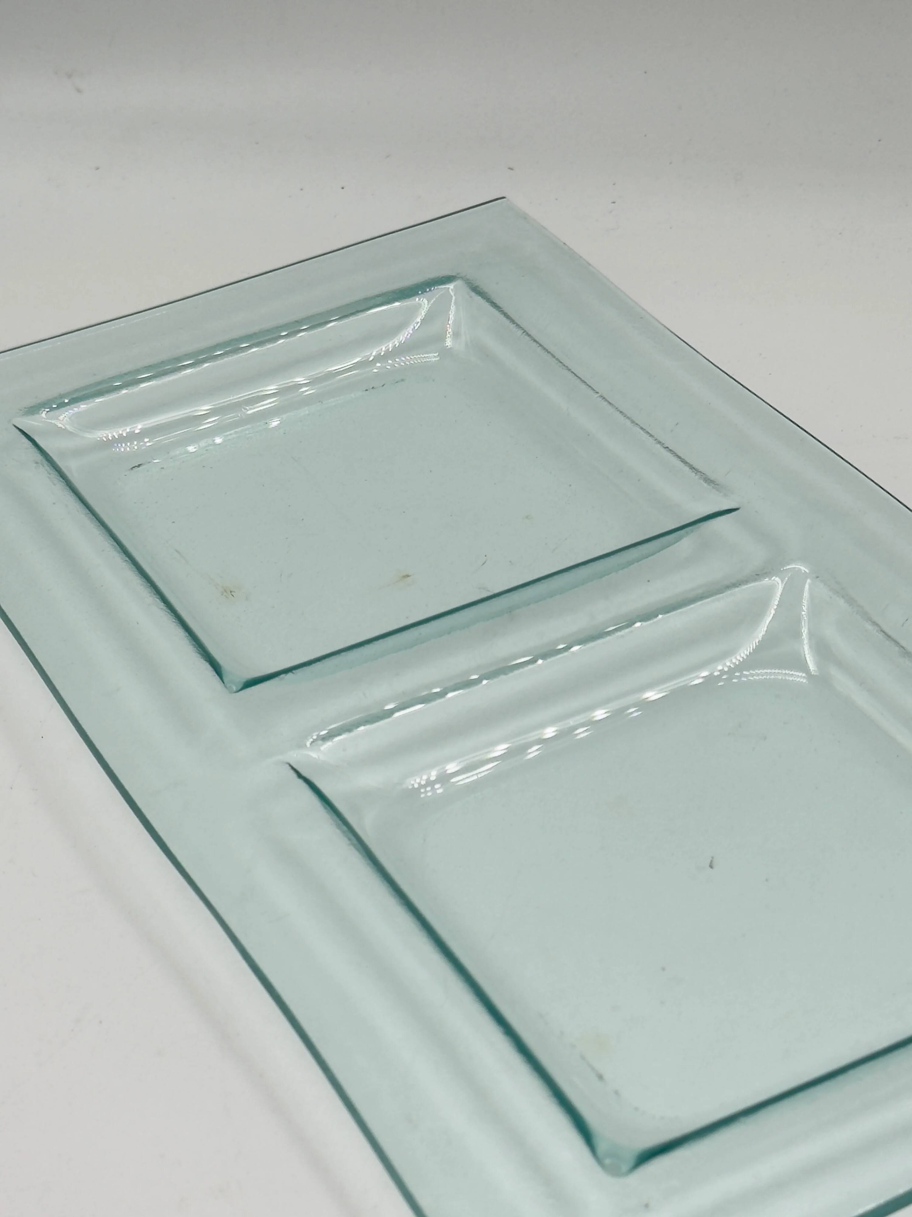 Plateau de service vintage en verre à deux compartiments