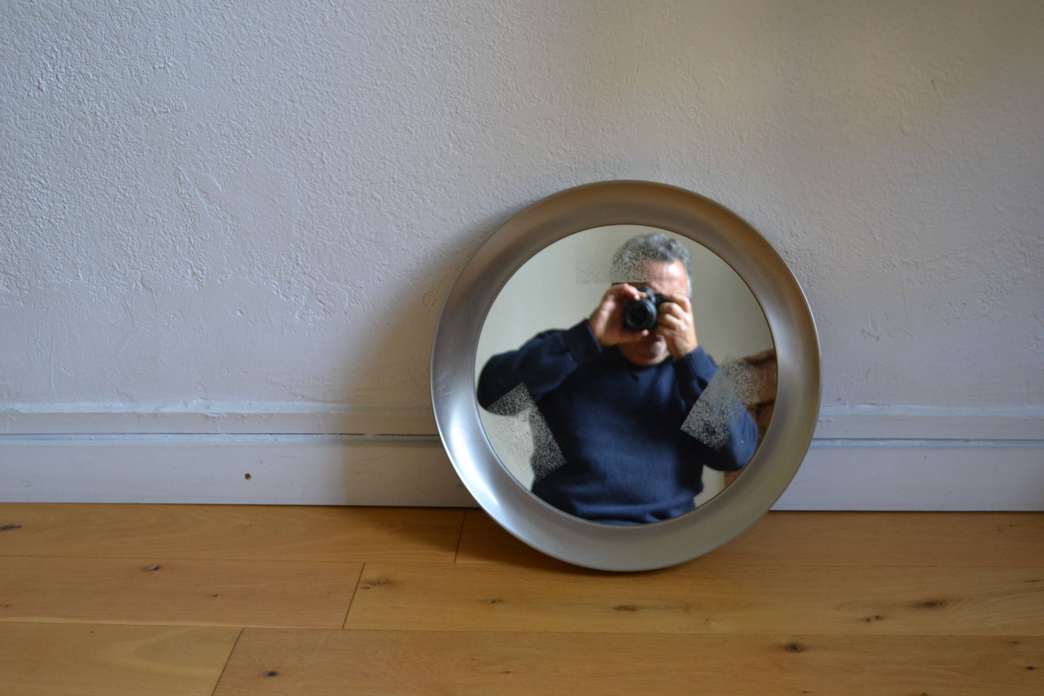 miroir rond 1970 cadre métal inox brossé 43 cm