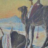 Ancienne peinture huile s bois, orientaliste bédouin dromadaire désert non signé