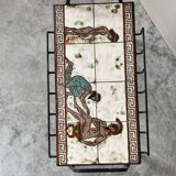 Vintage magazine table with Greek mythology motif.