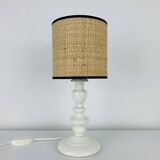White turned wooden lamp, rattan shade, 1960s.