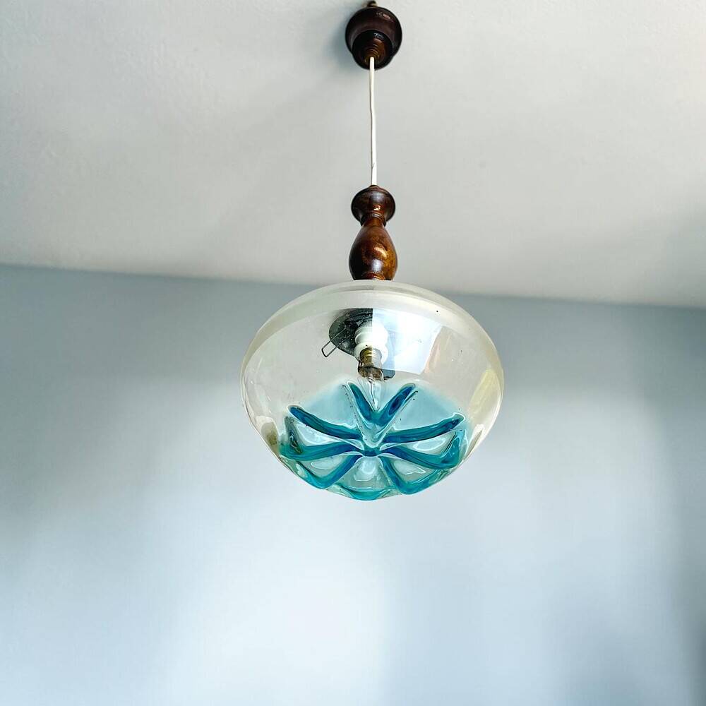 Vintage teak wood agua blue glass pendant lamp
