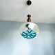 Vintage teak wood agua blue glass pendant lamp