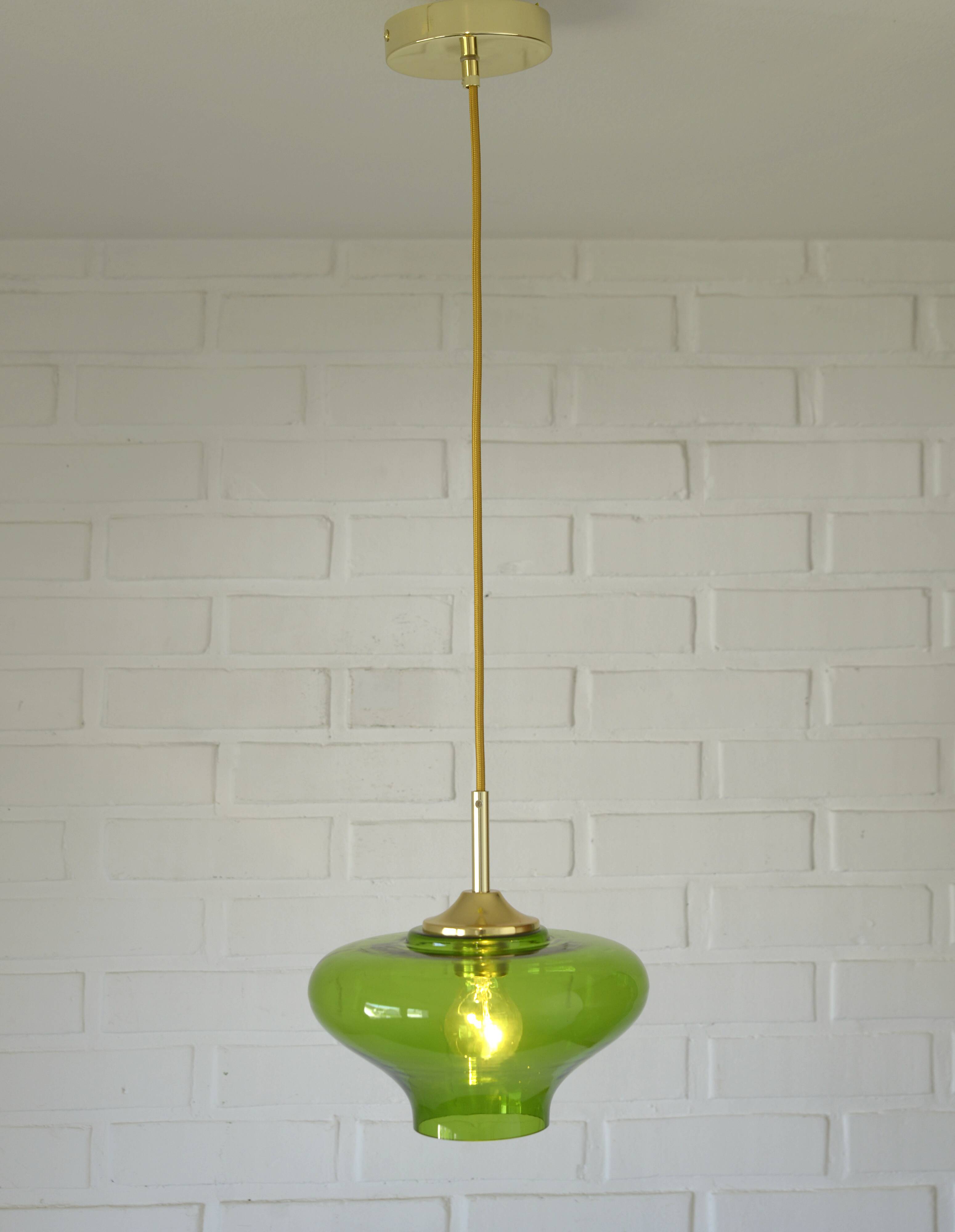 Vintage Pendant Light  Hand Blown Green Glass MCM Bar Hanging Cool Lamps