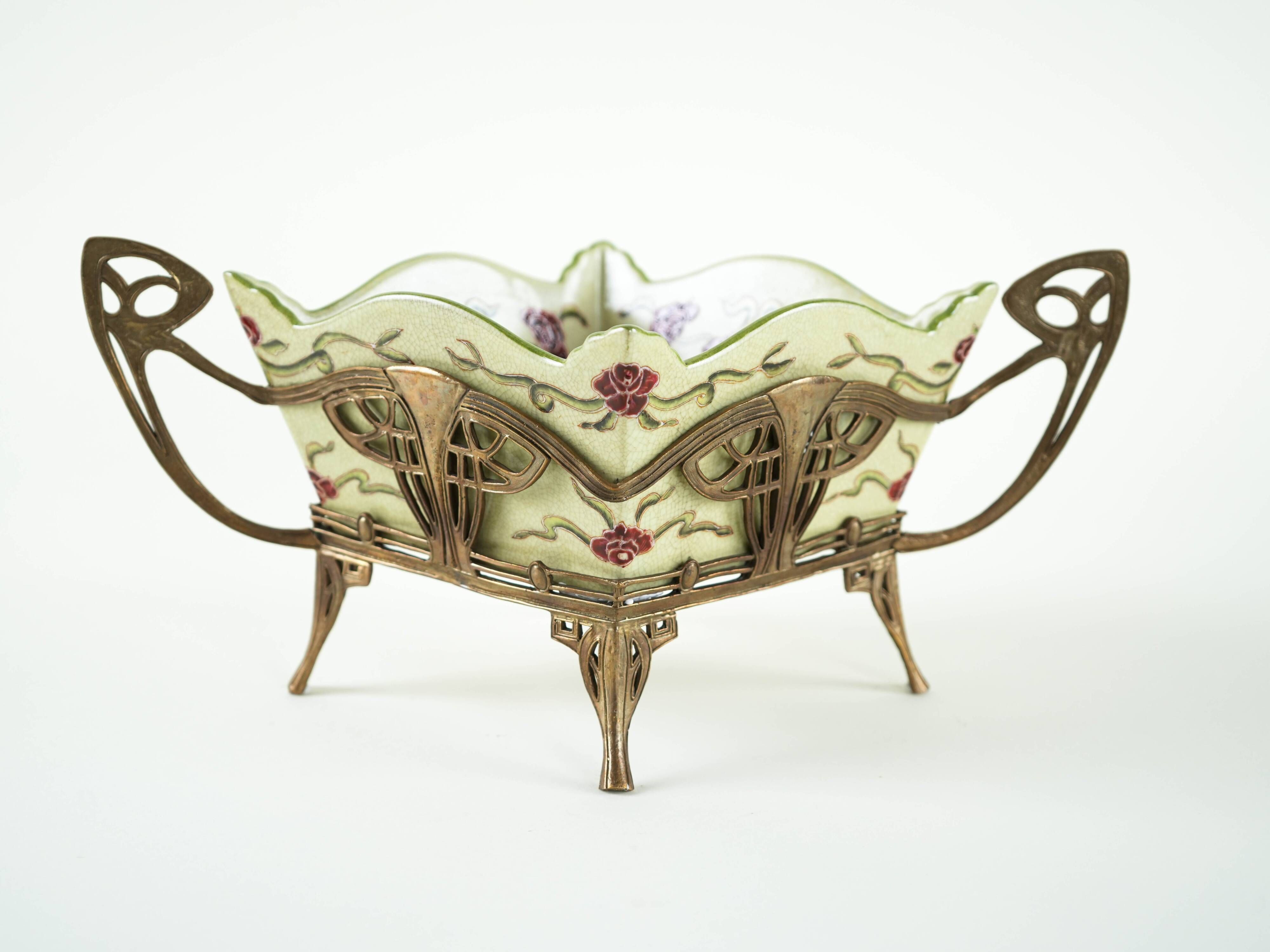 Art Nouveau platter with ceramic insert in ornamental metal frame, European craftsmanship
