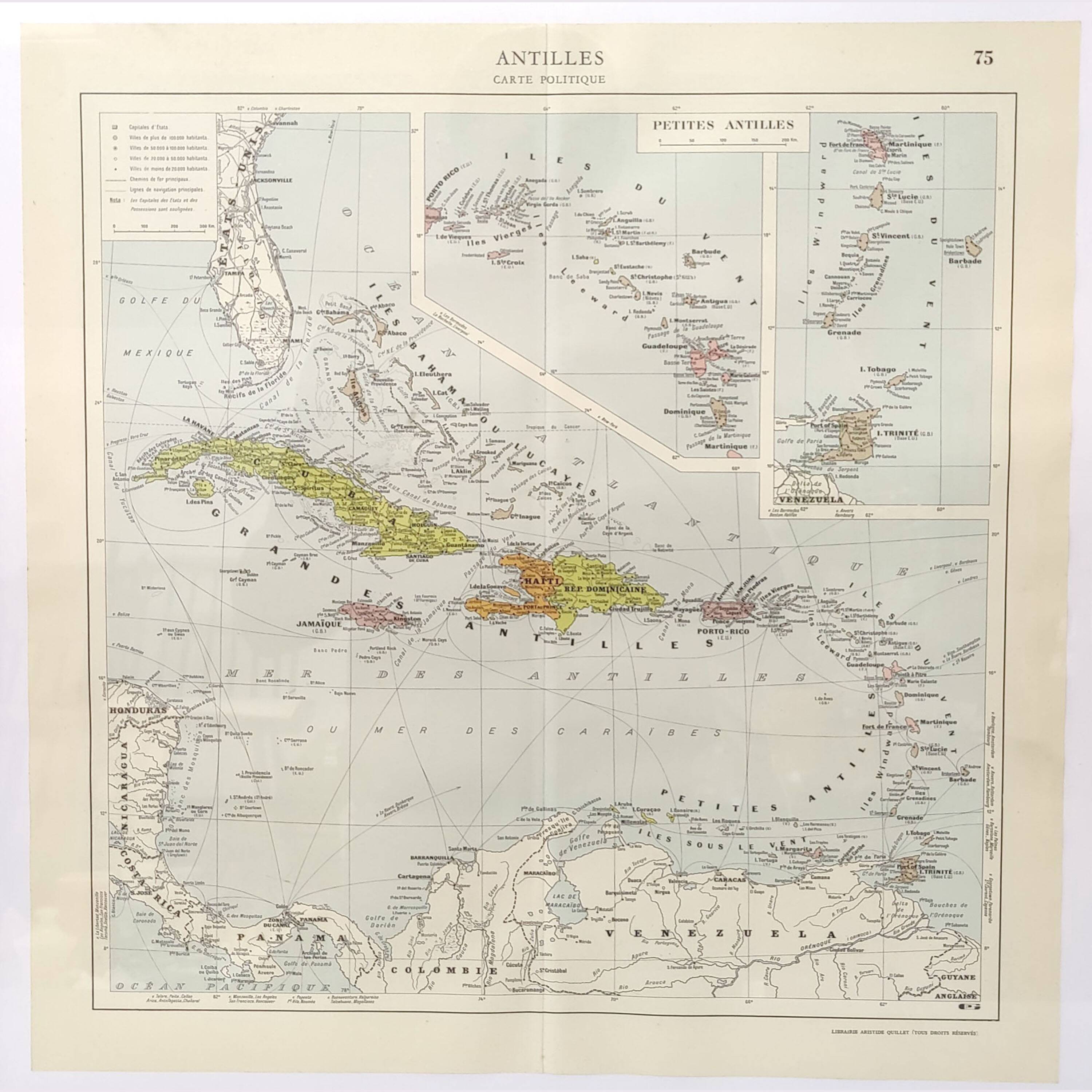 Map of the Antilles Caribbean Sea archipelago vintage from 1950