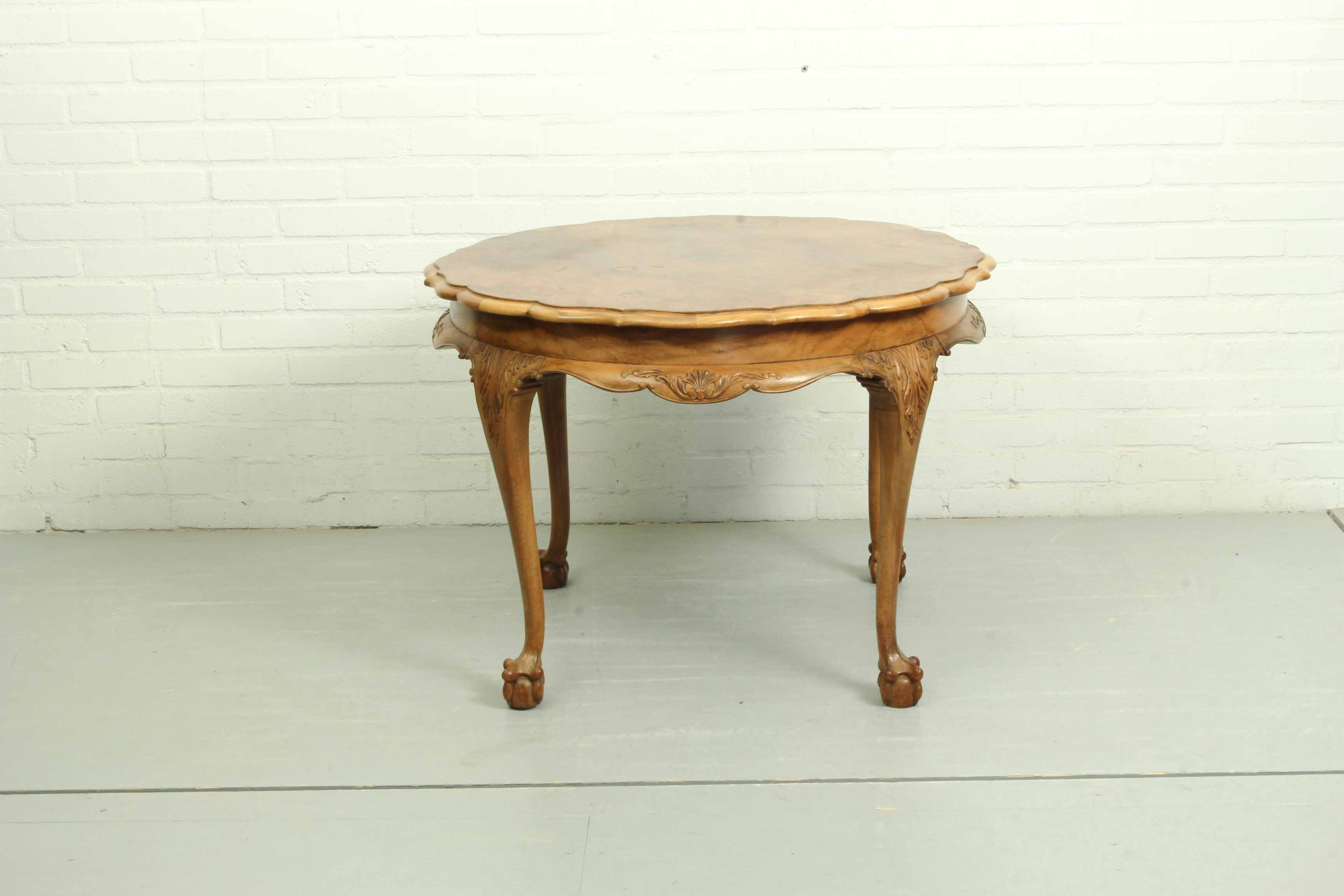 Coffee table in Baroque style, mid century, with claw foot legs, burl wood scalloped top