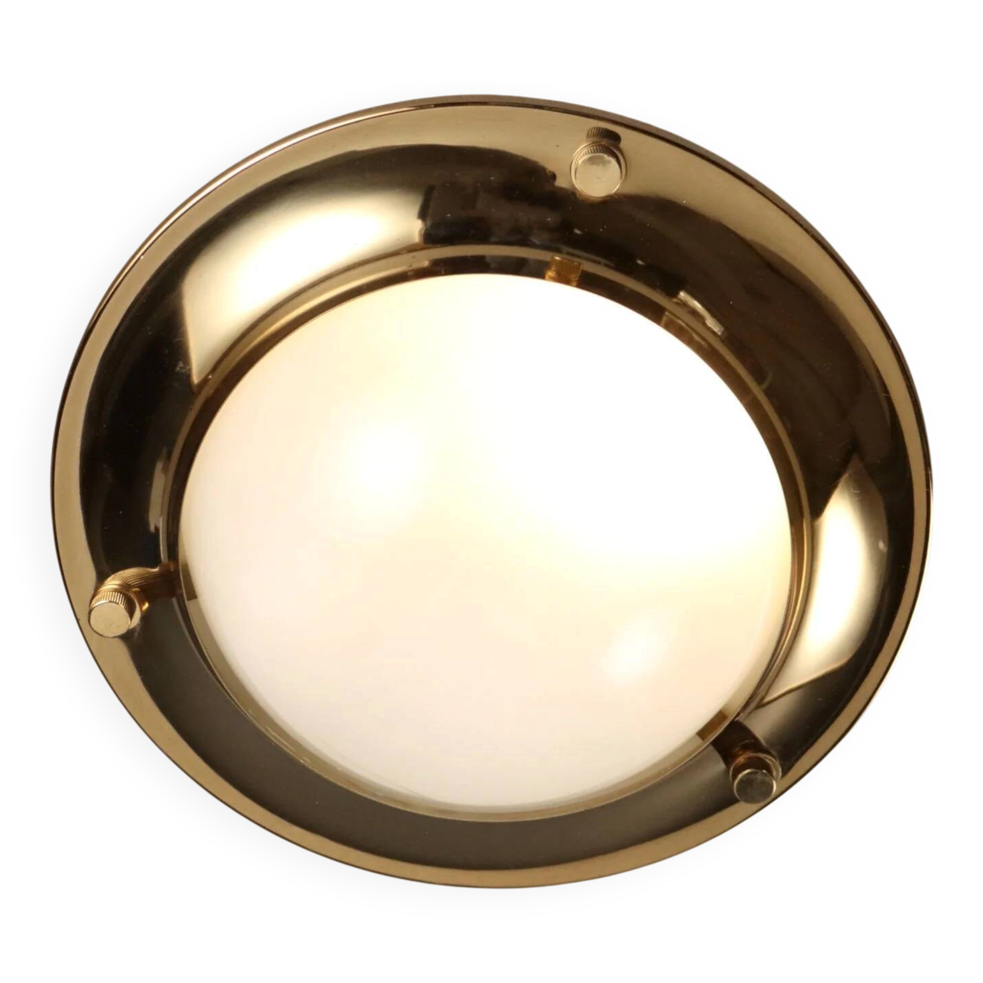 Vintage wall light in aluminium, brass, and glass, 1970s design.