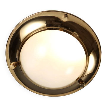 Vintage wall light in aluminium, brass, and glass, 1970s design.