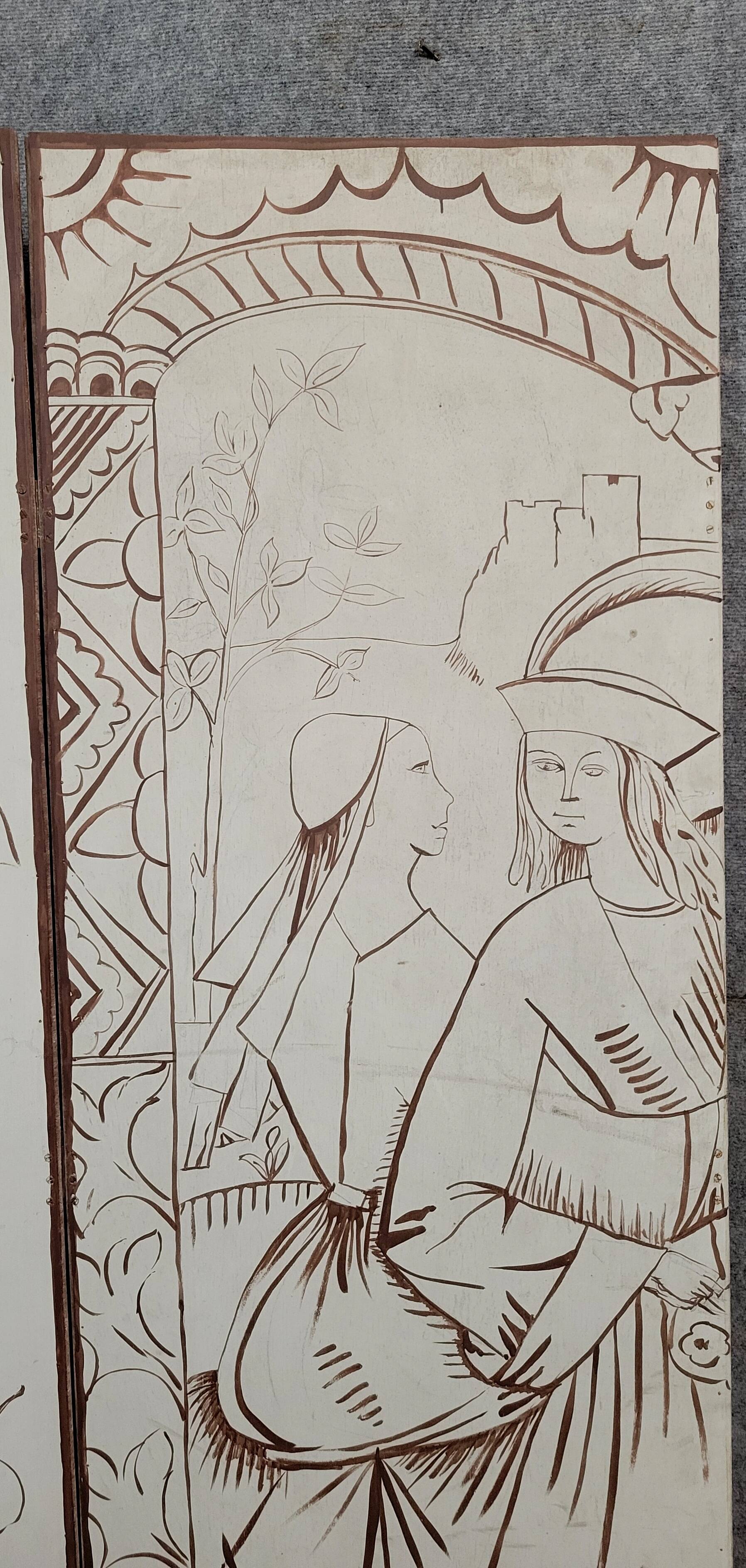 Two-leaf screen depicting a historical figure and symbols