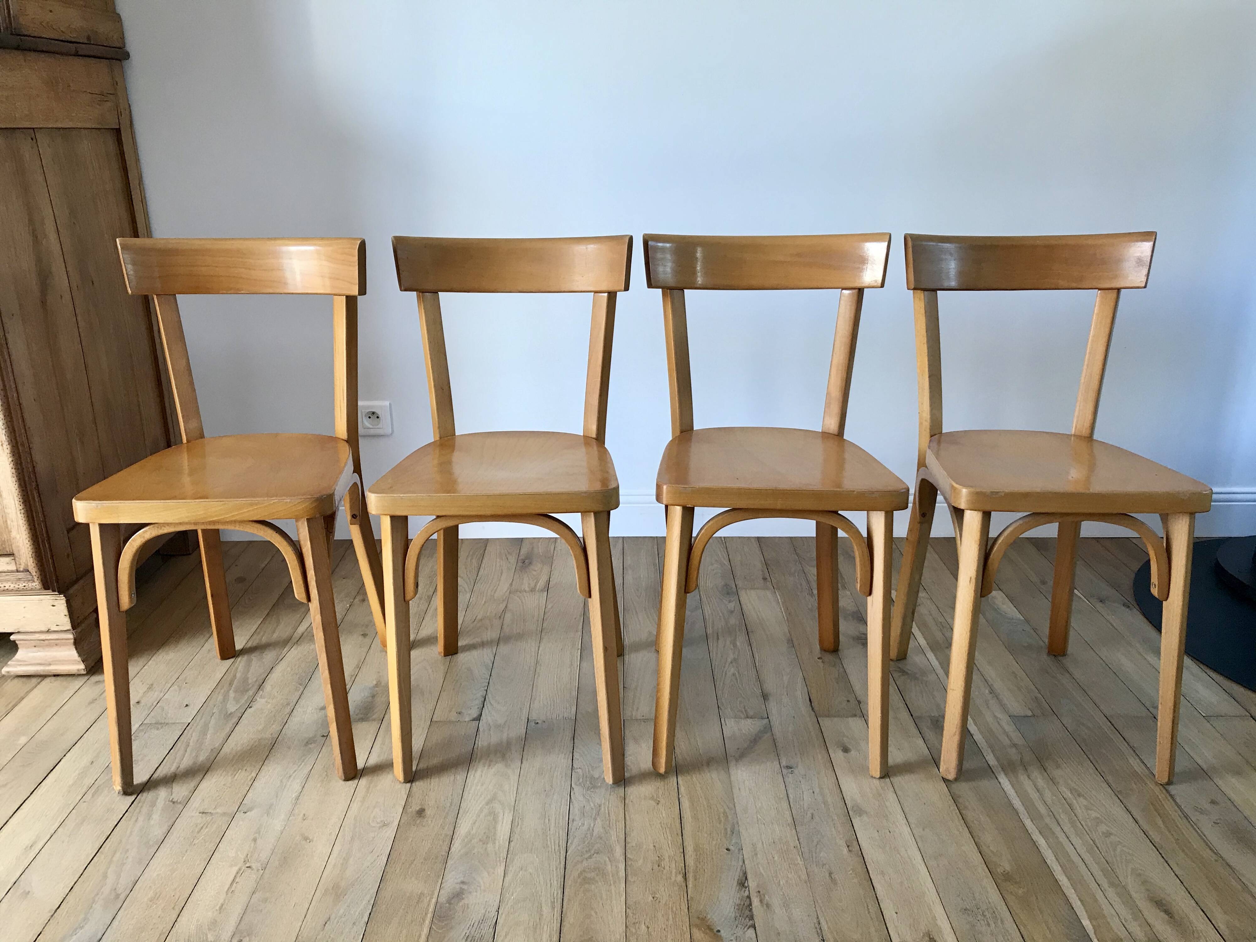 Set of 4 baumann bistro chairs in blond wood / honey stamped 40-50 years