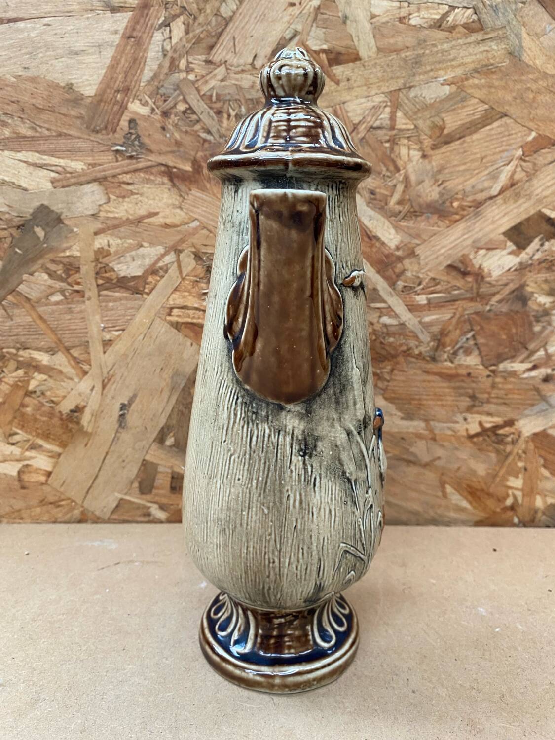 Antique teapot shaped pitcher ceramic brown beige vintage ducks decor