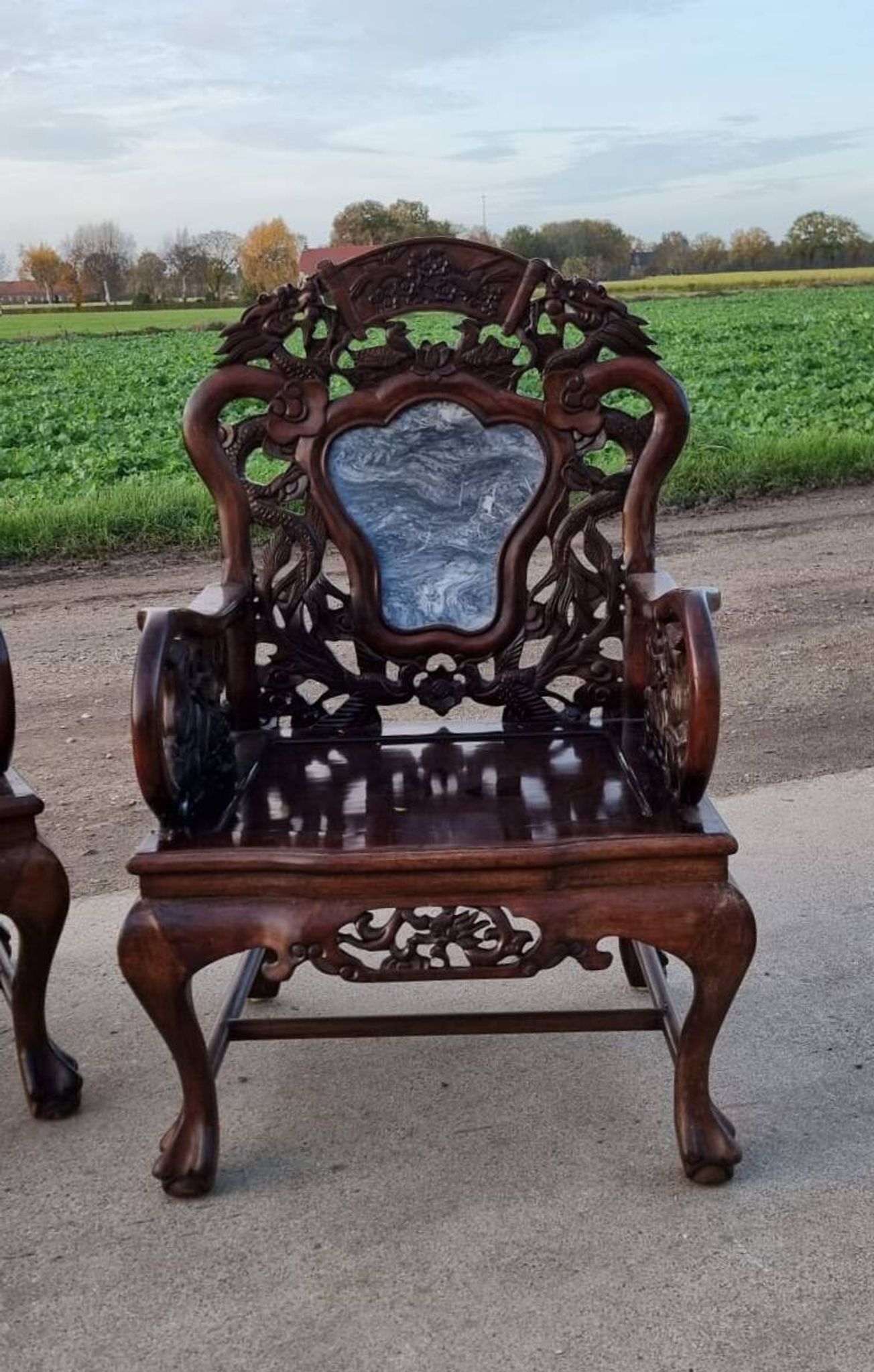 Set of 2 vintage Chinese Asian chairs in carved rosewood with marble.
