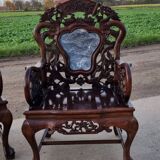 Set 2 vintage Chinese Asian chairs carved rosewood with marble